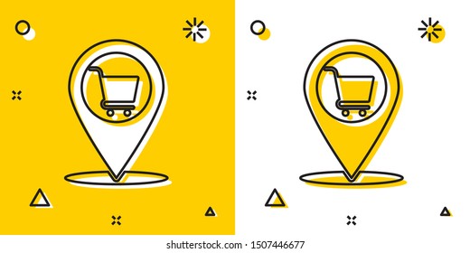 Black Map pointer with shopping cart icon isolated on yellow and white background. Pin point shop and shopping. Supermarket basket symbol. Random dynamic shapes. Vector Illustration