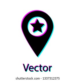 Black Map pointer with star icon isolated on white background. Star favorite pin map icon. Map markers. Vector Illustration