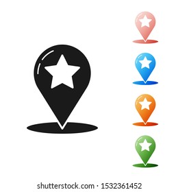 Black Map pointer with star icon isolated on white background. Star favorite pin map icon. Map markers. Set icons colorful. Vector Illustration