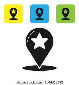 Black Map pointer with star icon isolated on white background. Star favorite pin map icon. Map markers. Set of colorful square icon buttons. Vector Illustration