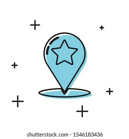 Black Map pointer with star icon isolated on white background. Star favorite pin map icon. Map markers.  Vector Illustration