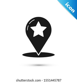 Black Map pointer with star icon isolated on white background. Star favorite pin map icon. Map markers.  Vector Illustration