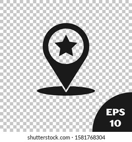 Black Map pointer with star icon isolated on transparent background. Star favorite pin map icon. Map markers.  Vector Illustration