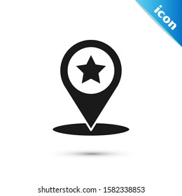 Black Map pointer with star icon isolated on white background. Star favorite pin map icon. Map markers.  Vector Illustration