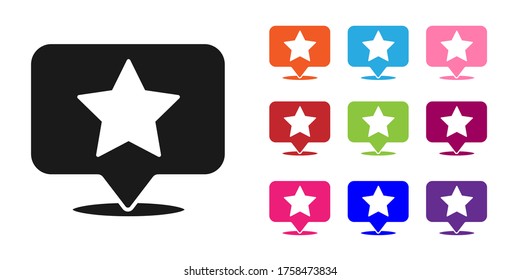 Black Map pointer with star icon isolated on white background. Star favorite pin map icon. Map markers. Set icons colorful. Vector Illustration