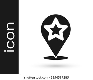 Black Map pointer with star icon isolated on white background. Star favorite pin map icon. Map markers.  Vector