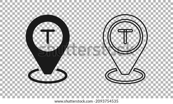 Black Map pointer with taxi car\
icon isolated on transparent background. Location symbol. \
Vector