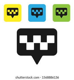 Black Map pointer with taxi icon isolated on white background. Location symbol. Set icons colorful square buttons. Vector Illustration