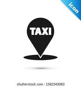 Black Map pointer with taxi icon isolated on white background. Location symbol.  Vector Illustration