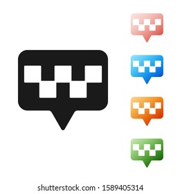 Black Map pointer with taxi icon isolated on white background. Location symbol. Set icons colorful. Vector Illustration