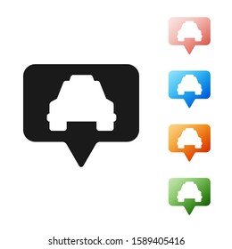 Black Map pointer with taxi icon isolated on white background. Location symbol. Set icons colorful. Vector Illustration
