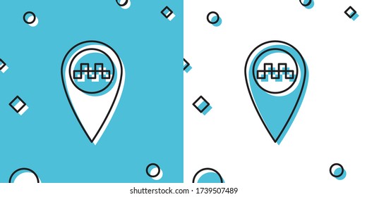 Black Map pointer with taxi icon isolated on blue and white background. Random dynamic shapes. Vector Illustration