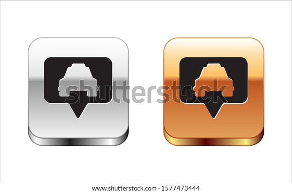 Black Map pointer with taxi icon isolated on\
white background. Location symbol. Silver-gold square button.\
Vector Illustration