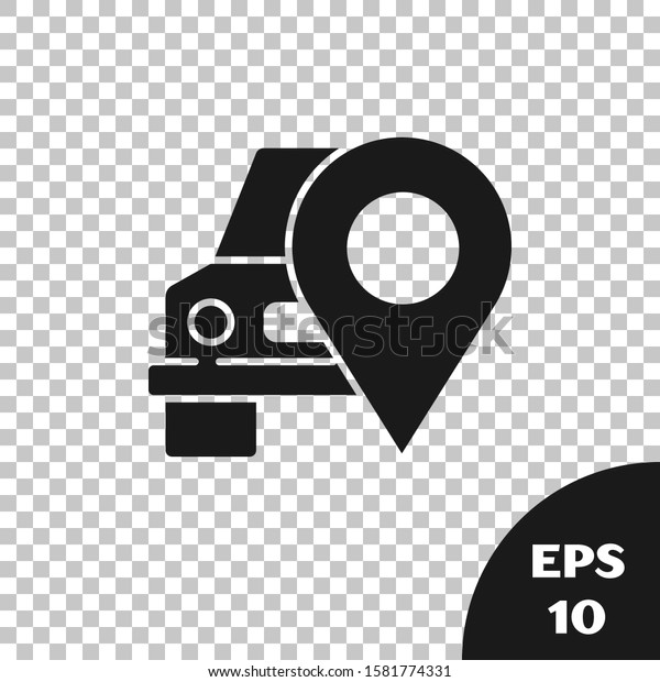 Black Map pointer
with taxi icon isolated on transparent background. Location symbol.
 Vector Illustration