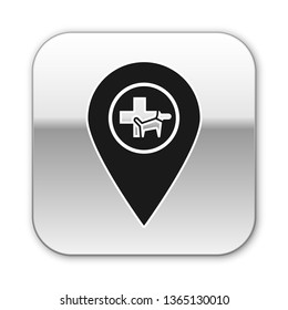 Black Map pointer with veterinary medicine hospital, clinic or pet shop for animals icon isolated on white background. Vet or veterinarian clinic. Silver square button. Vector Illustration