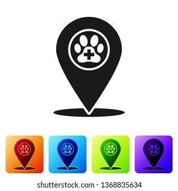 Black Map pointer with veterinary medicine hospital, clinic or pet shop for animals icon isolated on white background. Vet or veterinarian clinic. Set icon in color square buttons. Vector Illustration