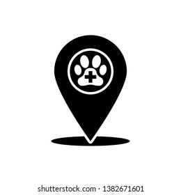 Black Map pointer with veterinary medicine hospital, clinic or pet shop for animals icon isolated. Vet or veterinarian clinic. Vector Illustration