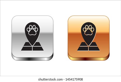 Black Map pointer with veterinary medicine hospital, clinic or pet shop for animals icon isolated on white background. Veterinarian clinic. Silver-gold square button. Vector Illustration