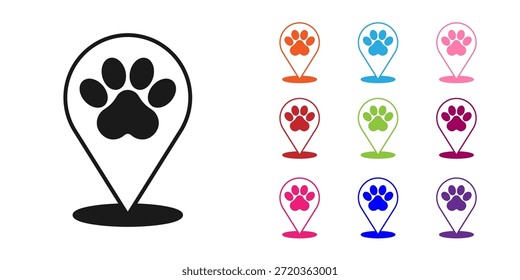 Ponteiro de mapa preto com hospital de medicina veterinária, clínica ou pet shop para animais ícone isolado no fundo branco. Veterinário. Defina os ícones com cores. Vetor