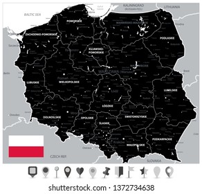 Black Map of Poland and Flat Map Pointers - Detailed map of Poland vector illustration - All elements are separated in editable layers clearly labeled.