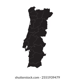 Black map of Portugal with its administrative division isolated on white background. Vector illustration