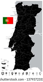 Black Map of Portugal and Flat Map Icons - Detailed map of Portugal vector illustration - All elements are separated in editable layers clearly labeled.