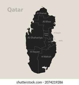 Black map of Qatar with names of regions, design blackboard vector