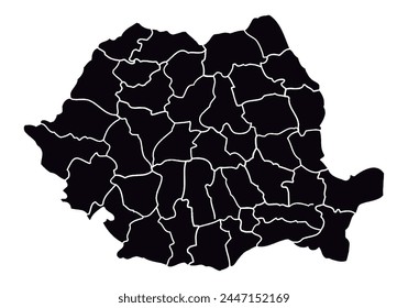 Mapa negro de Rumania sobre fondo blanco.