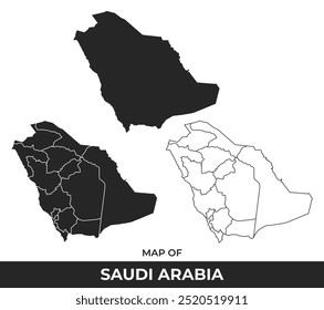 Mapa preto da Arábia Saudita plano e esboço estilo vetor ilustração conjunto
