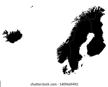 Black Map of Scandinavia on White Background