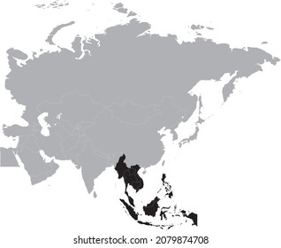 Black Map of Southeast region of Asia inside the gray map of Asia