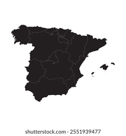 Mapa negro de España con división administrativa aislada sobre fondo blanco. Ilustración vectorial