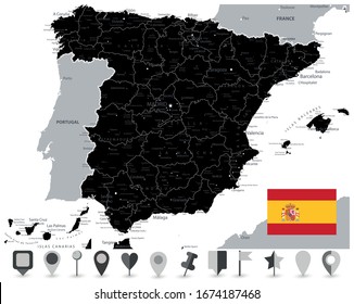 Black Map of Spain and Flat Map Icons. All elements are separated in editable layers clearly labeled. Vector illustration.