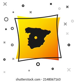 Black Map of Spain icon isolated on white background. Yellow square button. Vector