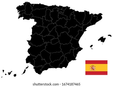 Black Map of Spain Isolated On White. Empty Map. All elements are separated in editable layers clearly labeled. Vector illustration.