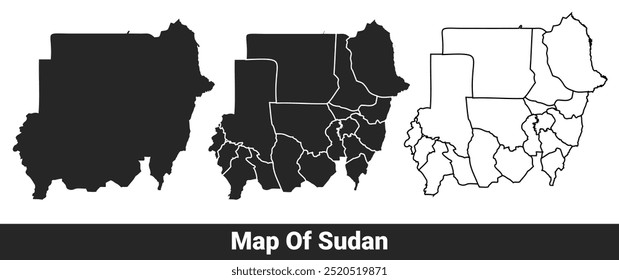 Schwarze Karte von Sudan Wohnung und Umriss Stil Vektorgrafik-Set