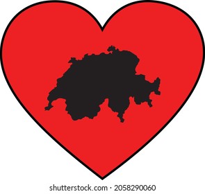 Black map of Switzerland inside red heart shape with black stroke