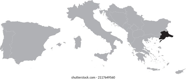 Black Map of Turkey within the gray map of South Europe