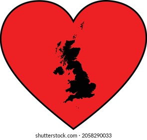 Black map of United Kingdom inside red heart shape with black stroke