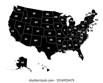 Black map of United States of America, USA, with state postal abbreviations. Simple flat vector illustration