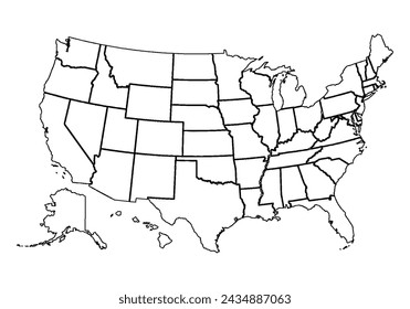 Schwarze Karte der Vereinigten Staaten von Amerika auf weißem Hintergrund.