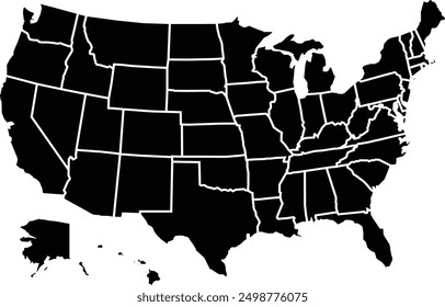 Black Map of the United States America Separated by State