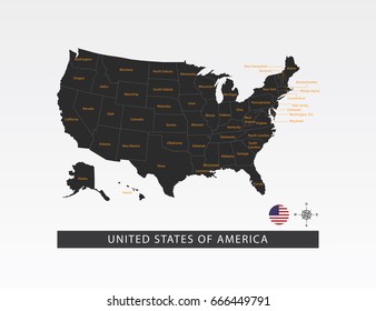 Black map of United States of America on light gray background.