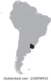 Black Map of Uruguay within the gray map of South American continent