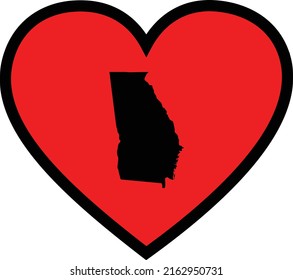 Black Map of US federal state of Georgia inside red heart shape with black stroke