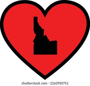 Black Map of US federal state of Idaho inside red heart shape with black stroke