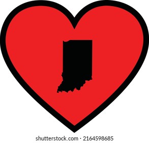Black Map of US federal state of Indiana inside red heart shape with black stroke