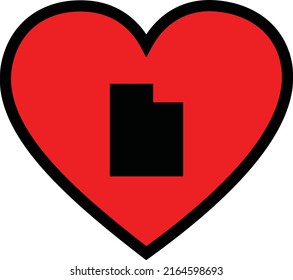 Black Map of US federal state of Utah inside red heart shape with black stroke