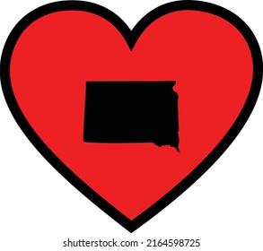 Black Map of US federal state of South Dakota inside red heart shape with black stroke