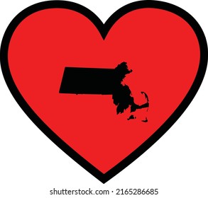 Black Map of US federal state of Massachusetts inside red heart shape with black stroke